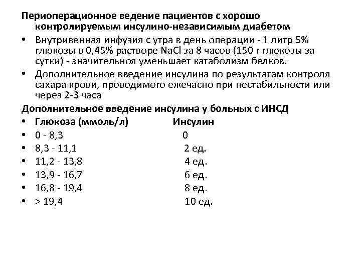Периоперационное ведение пациентов с хорошо контролируемым инсулино-независимым диабетом • Внутривенная инфузия с утра в