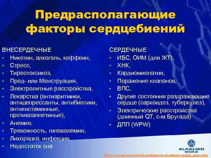 Предрасполагающие факторы сердцебиений ВНЕСЕРДЕЧНЫЕ • Никотин, алкоголь, коффеин, • Стресс, • Тиреотоксикоз, • Пред-