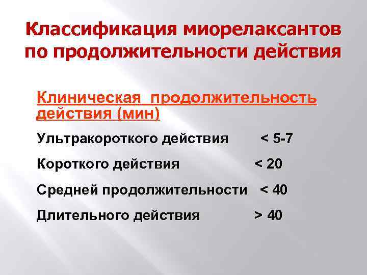 Классификация миорелаксантов по продолжительности действия Клиническая продолжительность действия (мин) Ультракороткого действия Короткого действия <