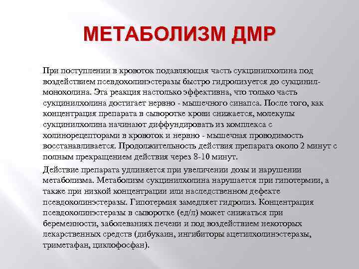 МЕТАБОЛИЗМ ДМР При поступлении в кровоток подавляющая часть сукцинилхолина под воздействием псевдохолинэстеразы быстро гидролизуется