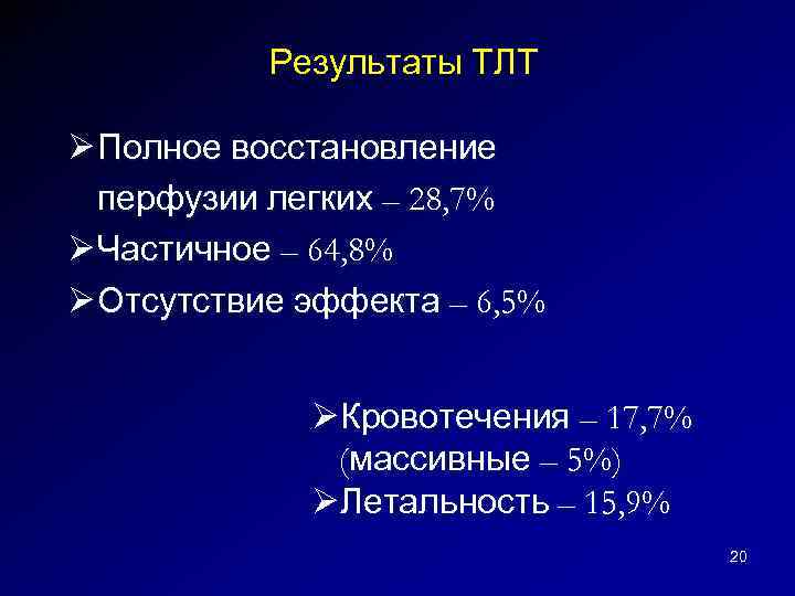 Результаты ТЛТ Ø Полное восстановление перфузии легких – 28, 7% Ø Частичное – 64,