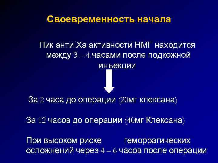 Своевременность начала Пик анти-Ха активности НМГ находится между 3 – 4 часами после подкожной