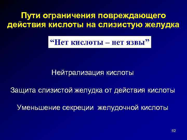 Пути ограничения повреждающего действия кислоты на слизистую желудка “Нет кислоты – нет язвы” Нейтрализация