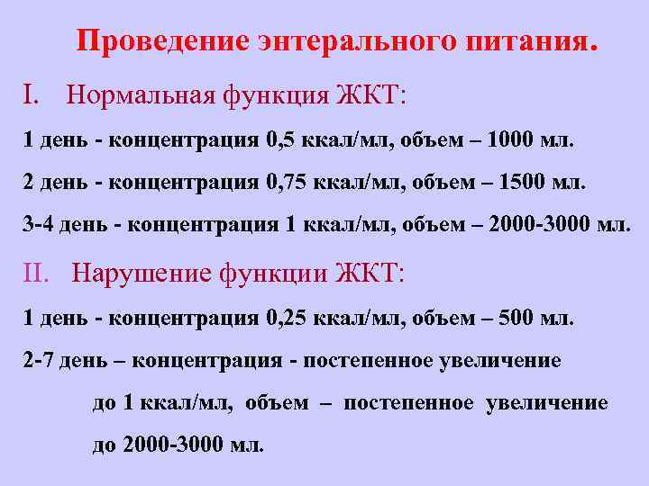 Проведение энтерального питания. I. Нормальная функция ЖКТ: 1 день - концентрация 0, 5 ккал/мл,