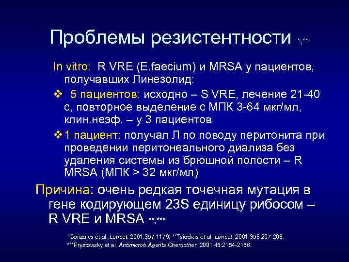 Проблемы резистентности *, ** In vitro: R VRE (E. faecium) и MRSA у пациентов,