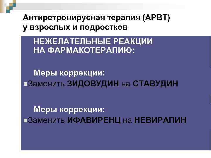 Антиретровирусная терапия (АРВТ) у взрослых и подростков Режимы АРВТ НЕЖЕЛАТЕЛЬНЫЕ РЕАКЦИИ (стартовая терапия первого