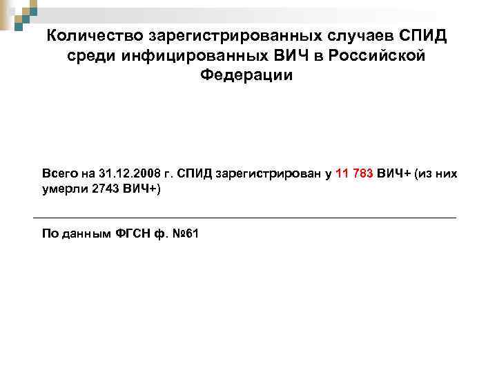Количество зарегистрированных случаев СПИД среди инфицированных ВИЧ в Российской Федерации Всего на 31. 12.