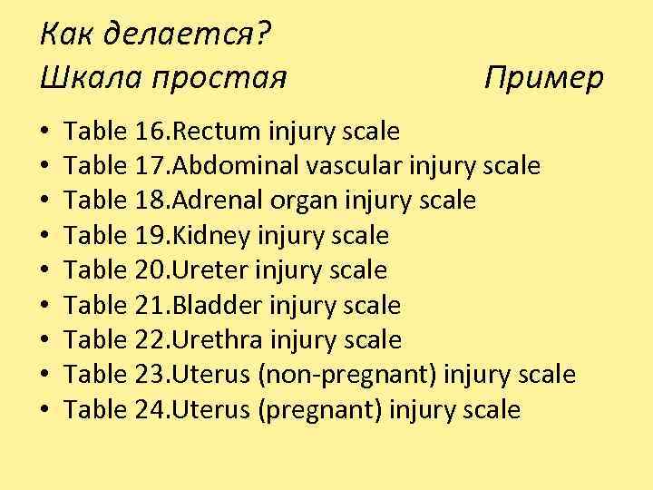 Как делается? Шкала простая Пример • • • Table 16. Rectum injury scale Table