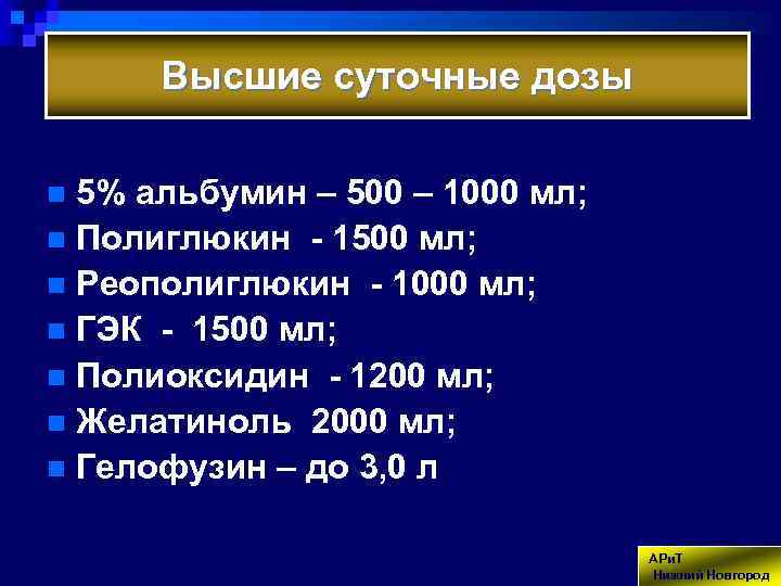 Высшие суточные дозы 5% альбумин – 500 – 1000 мл; n Полиглюкин - 1500