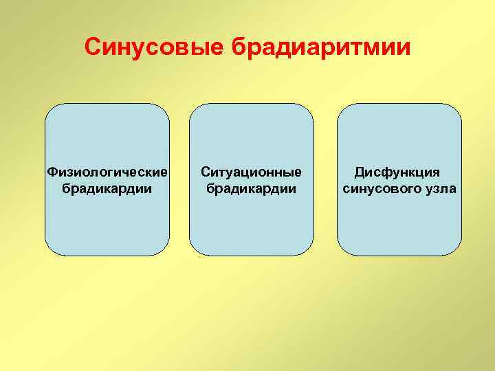 Синусовые брадиаритмии Физиологические брадикардии Ситуационные брадикардии Дисфункция синусового узла 