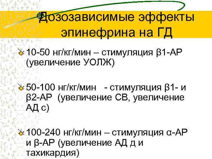 Дозозависимые эффекты эпинефрина на ГД 10 -50 нг/кг/мин – стимуляция β 1 -АР (увеличение