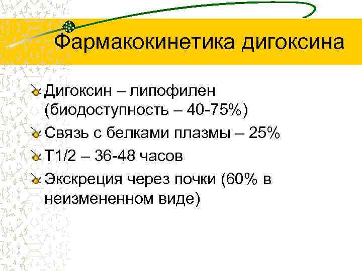 Фармакокинетика дигоксина Дигоксин – липофилен (биодоступность – 40 -75%) Связь с белками плазмы –