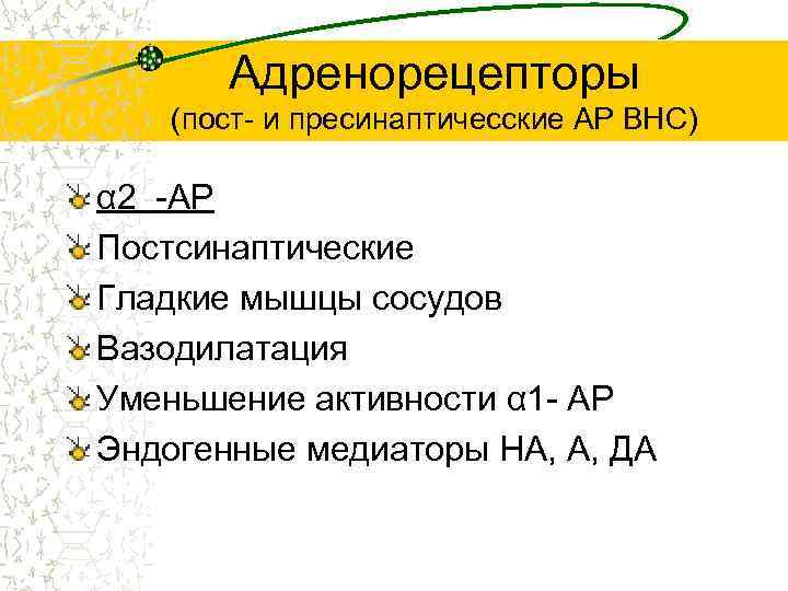 Адренорецепторы (пост- и пресинаптичесские АР ВНС) α 2 -АР Постсинаптические Гладкие мышцы сосудов Вазодилатация