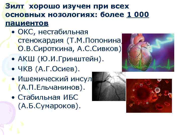 Зилт хорошо изучен при всех основных нозологиях: более 1 000 пациентов • ОКС, нестабильная