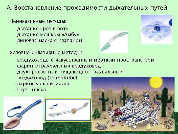 А-Восстановление проходимости дыхательных путей Неинвазивные методы: - дыхание «рот в рот» - дыхание мешком