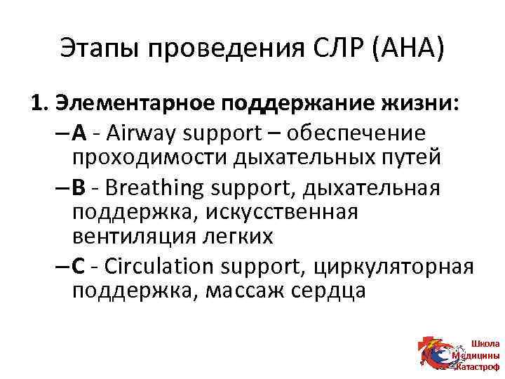 Этапы проведения СЛР (АНА) 1. Элементарное поддержание жизни: – A - Airway support –