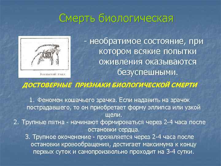 Смерть биологическая - необратимое состояние, при котором всякие попытки оживления оказываются безуспешными. ДОСТОВЕРНЫЕ ПРИЗНАКИ