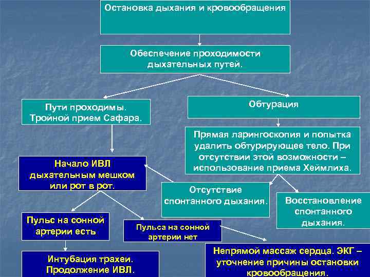 Остановка дыхания и кровообращения Обеспечение проходимости дыхательных путей. Обтурация Пути проходимы. Тройной прием Сафара.