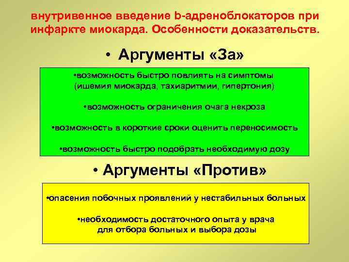 внутривенное введение b-адреноблокаторов при инфаркте миокарда. Особенности доказательств. • Аргументы «За» • возможность быстро