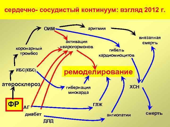 сердечно- сосудистый континуум: взгляд 2012 г. ОИМ активация нейрогормонов коронарный тромбоз внезапная смерть гибель