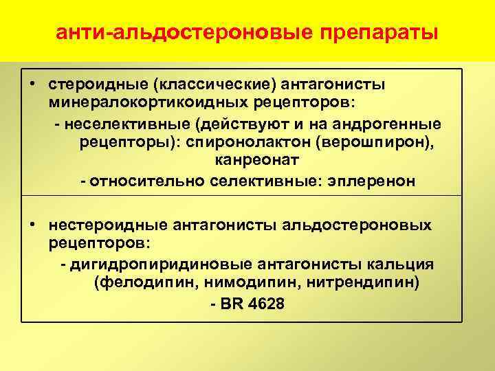 анти-альдостероновые препараты • стероидные (классические) антагонисты минералокортикоидных рецепторов: - неселективные (действуют и на андрогенные