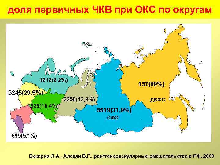 доля первичных ЧКВ при ОКС по округам 1616(9, 2%) 157(09%) 5245(29, 9%) 2256(12, 9%)