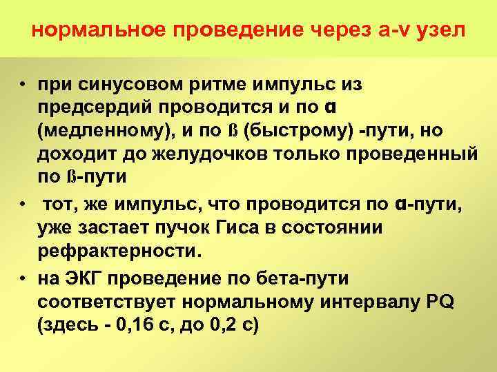 нормальное проведение через а v узел • при синусовом ритме импульс из предсердий проводится