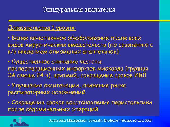 Эпидуральная анальгезия Доказательства 1 уровня: • Более качественное обезболивание после всех видов хирургических вмешательств