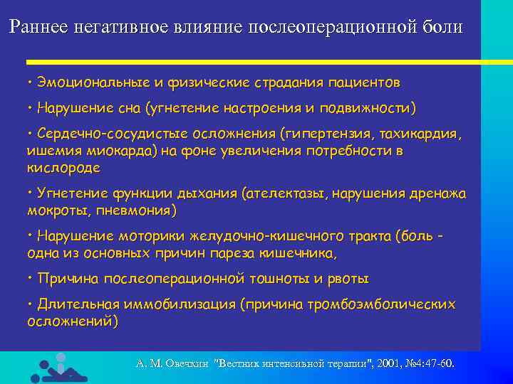 Раннее негативное влияние послеоперационной боли • Эмоциональные и физические страдания пациентов • Нарушение сна