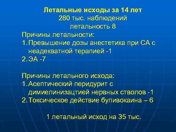 Летальные исходы за 14 лет 280 тыс. наблюдений летальность 8 Причины летальности: 1. Превышение