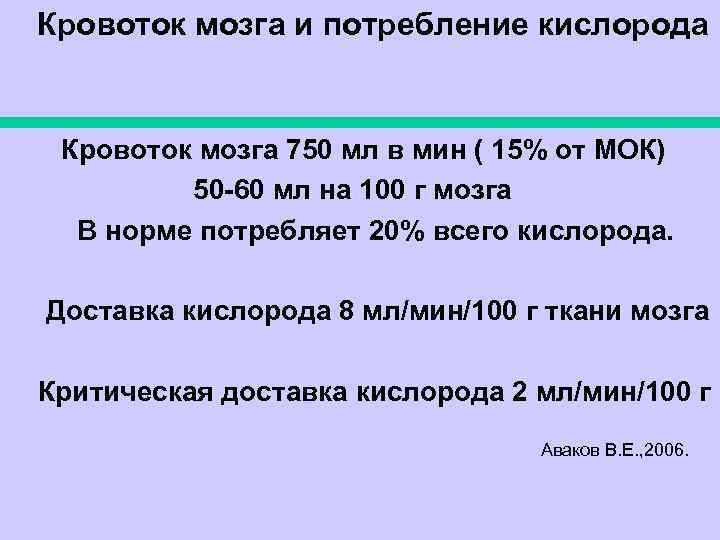 Кровоток мозга и потребление кислорода Кровоток мозга 750 мл в мин ( 15% от