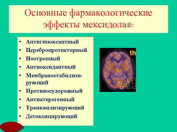 Основные фармакологические эффекты мексидола®: • • • MSD Антигипоксантный Церебропротекторный Ноотропный Антиоксидантный Мембраностабилизирующий Противосудорожный