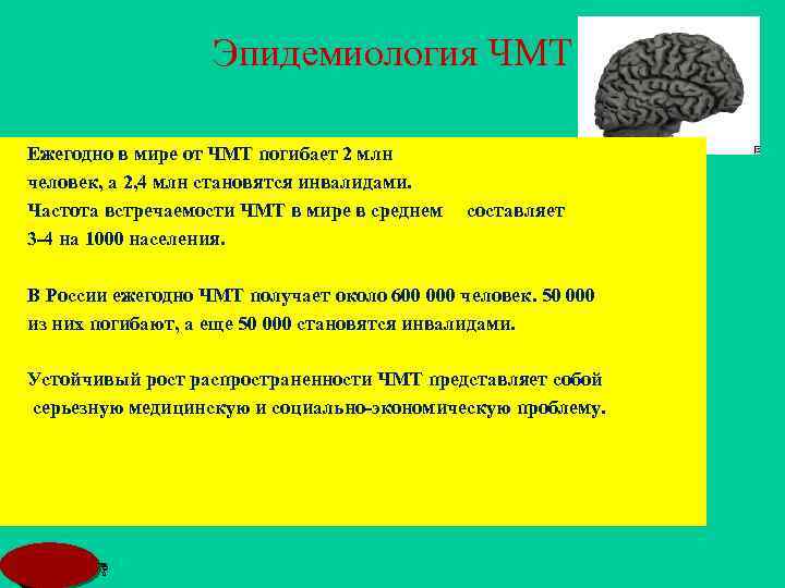 Эпидемиология ЧМТ Ежегодно в мире от ЧМТ погибает 2 млн человек, а 2, 4