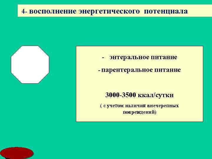 4 - восполнение энергетического потенциала - энтеральное питание - парентеральное питание 3000 -3500 ккал/сутки