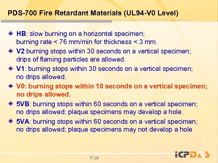 PDS-700 Fire Retardant Materials (UL 94 -V 0 Level) HB: slow burning on a