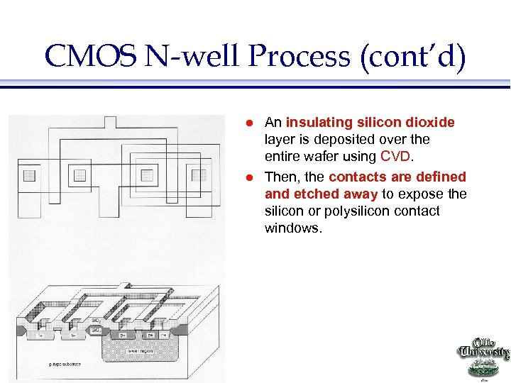 CMOS N-well Process (cont’d) l l EE 415 VLSI Design An insulating silicon dioxide