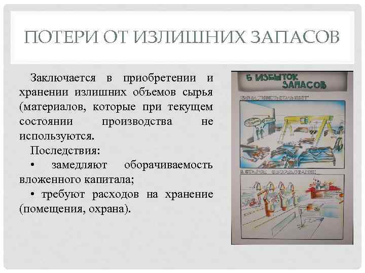 ПОТЕРИ ОТ ИЗЛИШНИХ ЗАПАСОВ Заключается в приобретении и хранении излишних объемов сырья (материалов, которые