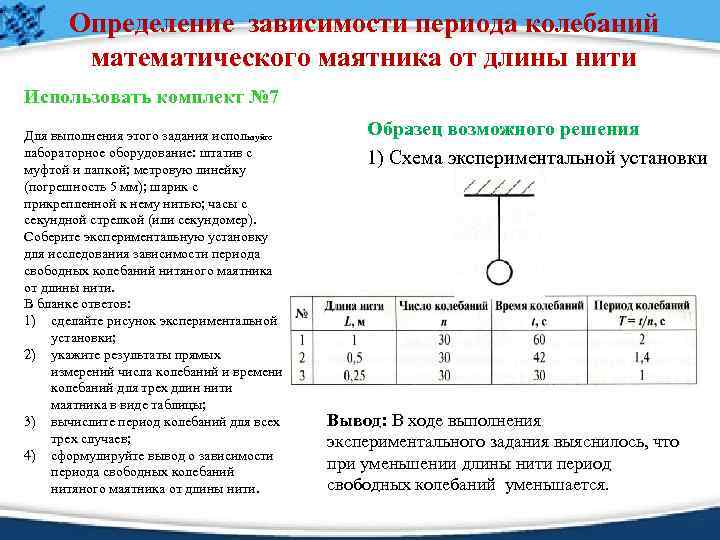 Определение зависимости периода колебаний математического маятника от длины нити Использовать комплект № 7 Для