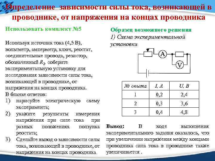 Определение зависимости силы тока, возникающей в проводнике, от напряжения на концах проводника Использовать комплект