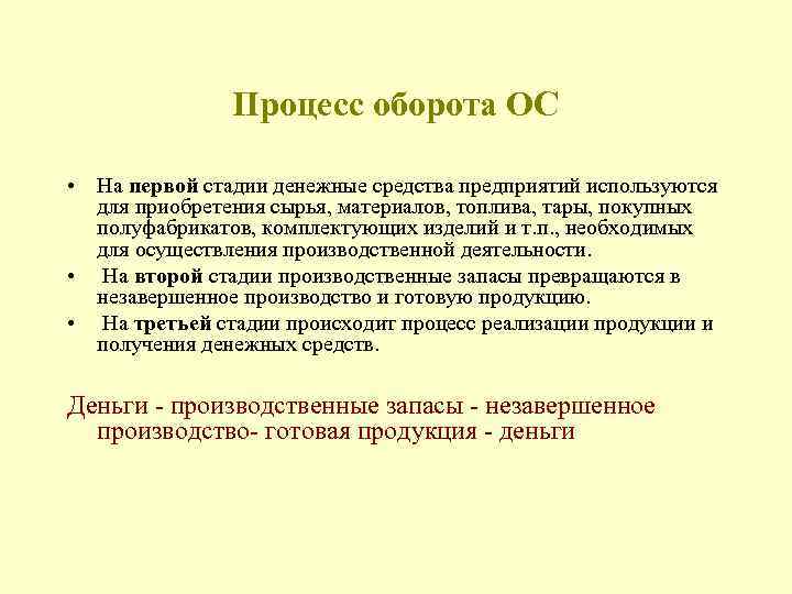 Процесс оборота ОС • На первой стадии денежные средства предприятий используются для приобретения сырья,