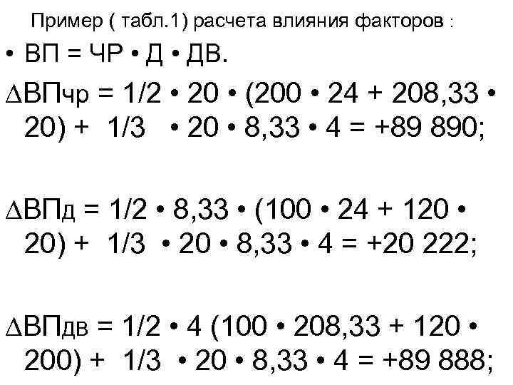 Пример ( табл. 1) расчета влияния факторов : • ВП = ЧР • ДВ.