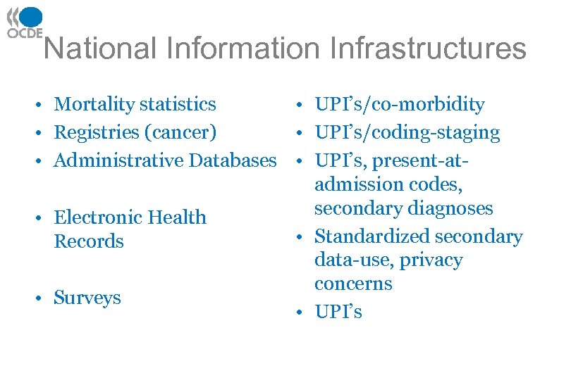 National Information Infrastructures • Mortality statistics • UPI’s/co-morbidity • Registries (cancer) • UPI’s/coding-staging •