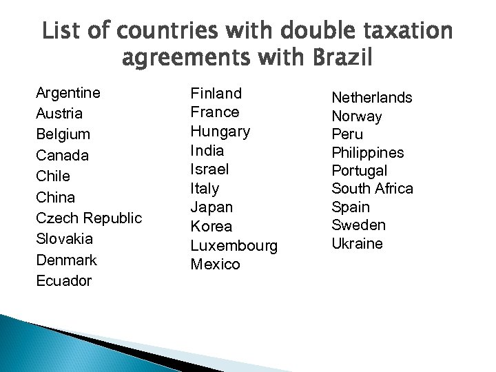 List of countries with double taxation agreements with Brazil Argentine Austria Belgium Canada Chile