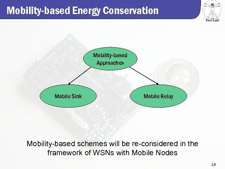 Mobility-based Energy Conservation Per. Lab Mobility-based Approaches Mobile Sink Mobile Relay Mobility-based schemes will