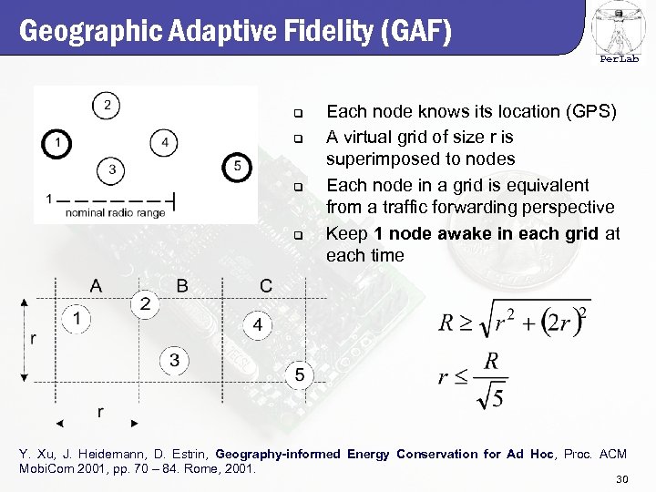 Geographic Adaptive Fidelity (GAF) Per. Lab q q Each node knows its location (GPS)