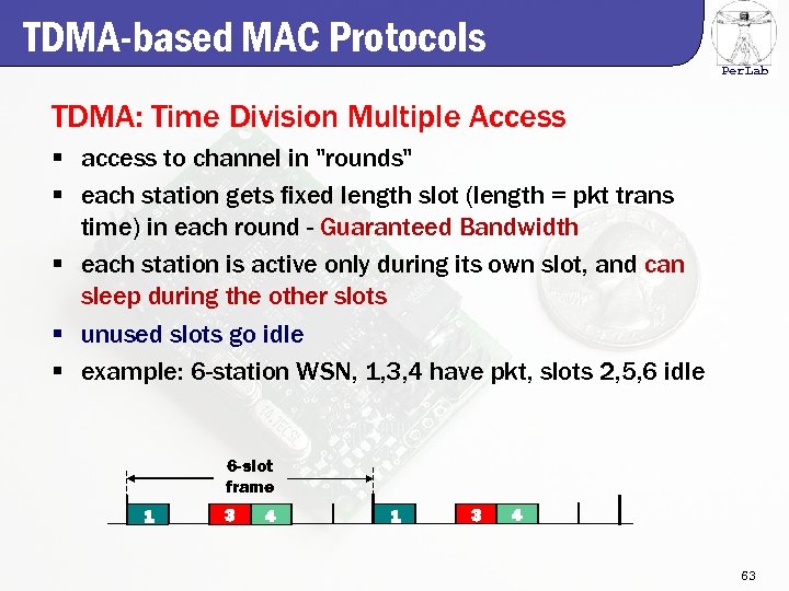 TDMA-based MAC Protocols Per. Lab TDMA: Time Division Multiple Access § access to channel