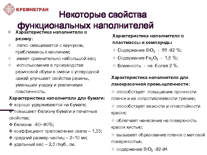 Некоторые свойства функциональных наполнителей Характеристика наполнителя в резину: v легко смешивается с каучуком, приближаясь