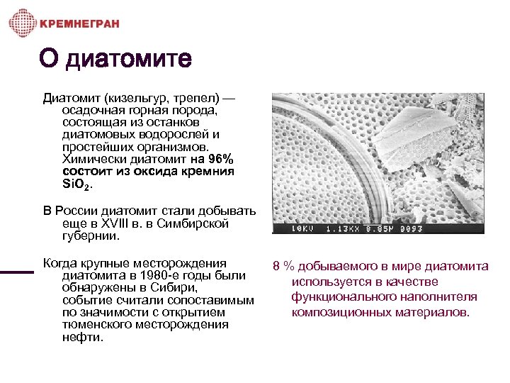 О диатомите Диатомит (кизельгур, трепел) — осадочная горная порода, состоящая из останков диатомовых водорослей