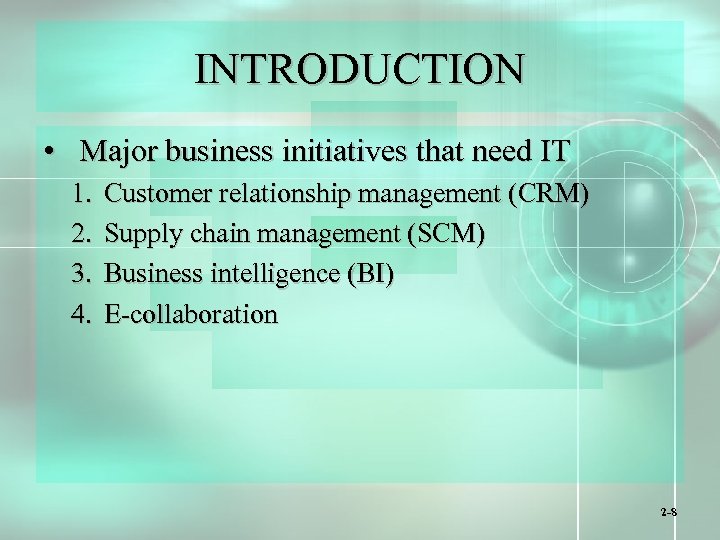 INTRODUCTION • Major business initiatives that need IT 1. 2. 3. 4. Customer relationship