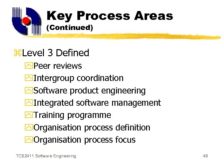 Key Process Areas (Continued) z. Level 3 Defined y. Peer reviews y. Intergroup coordination